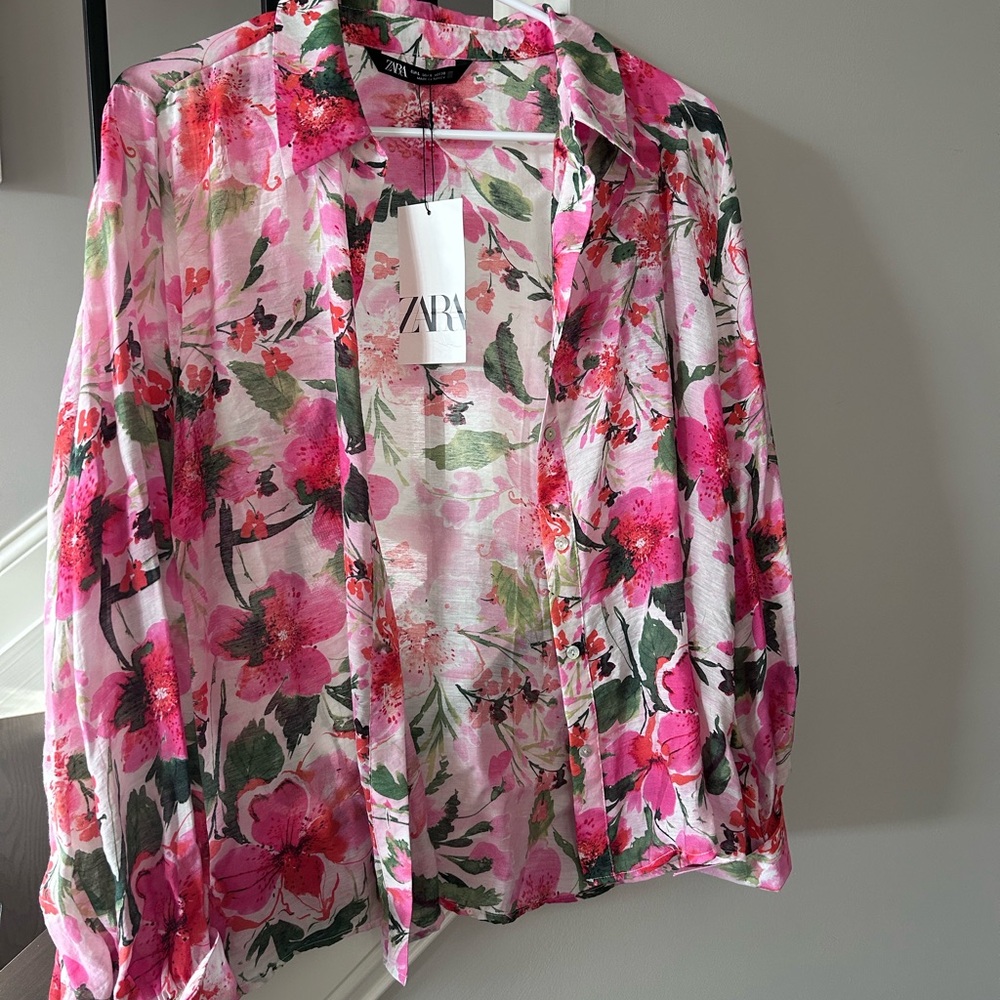 Zara Pink and Green Floral Button Down Shirt